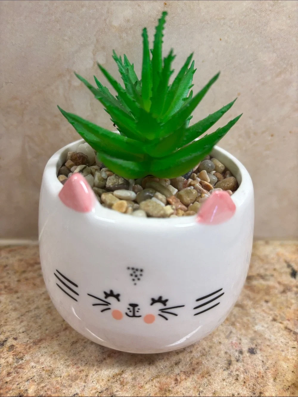 Cute Cat Ceramic Planter with Faux Succulent - White & Green with Pink Accents